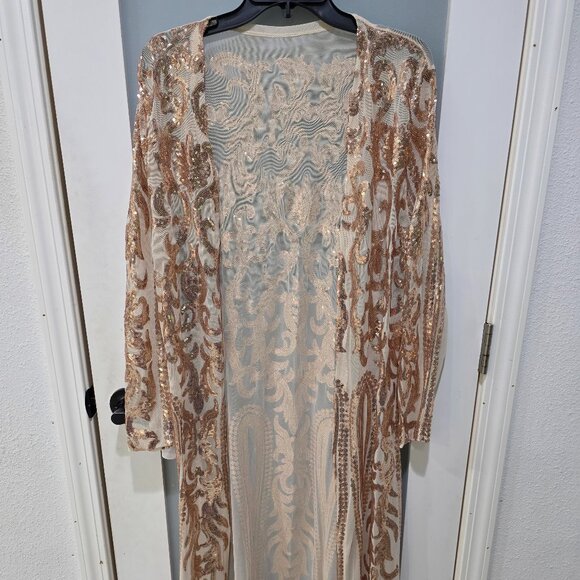 unknown Tops - Rose Gold Sequin Longline Cardigan Duster Women’s XXL Sheer Sparkle Evening NWOT